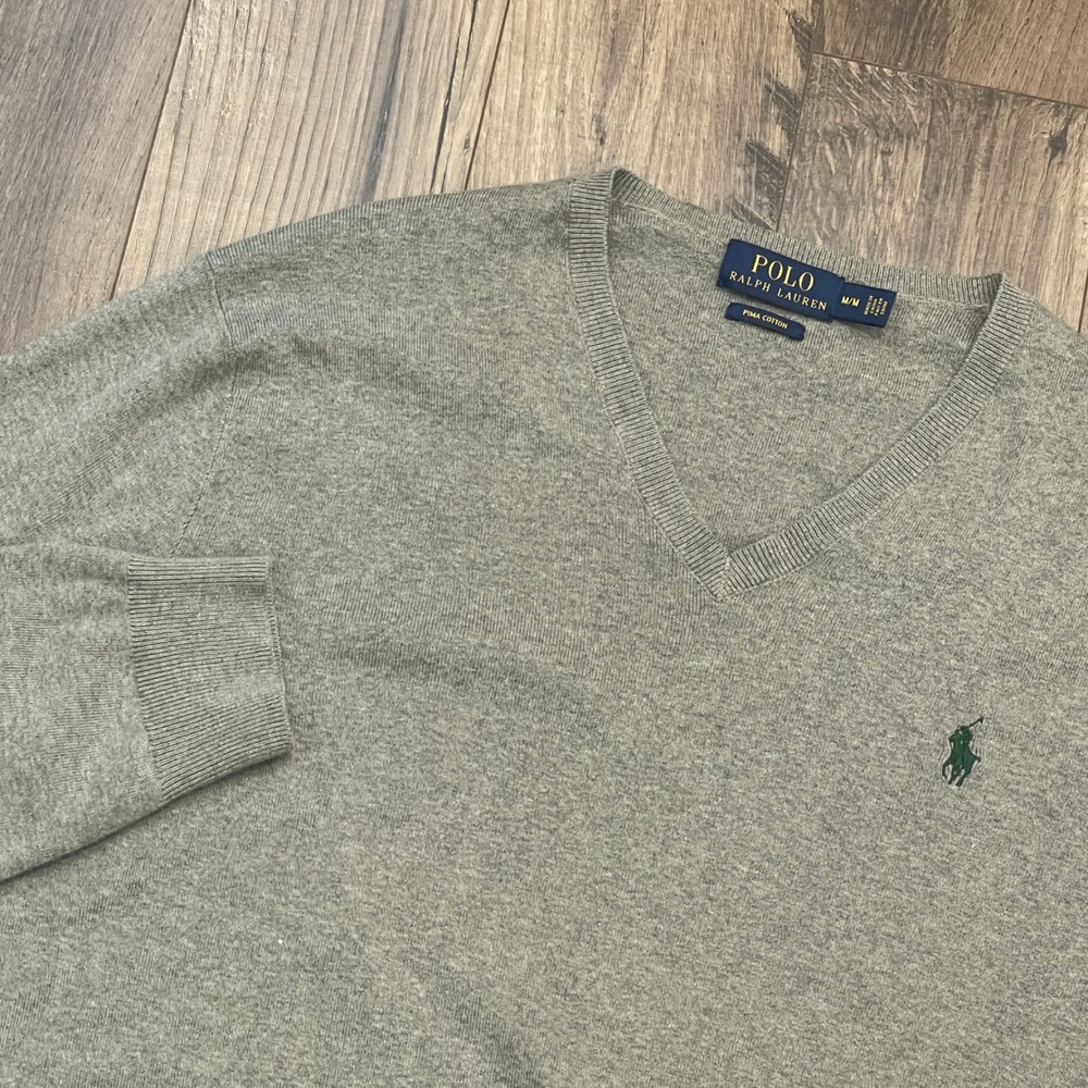 Polo Ralph Lauren Mens Medium Grey Pima Cotton V-Neck Sweater Pony Logo